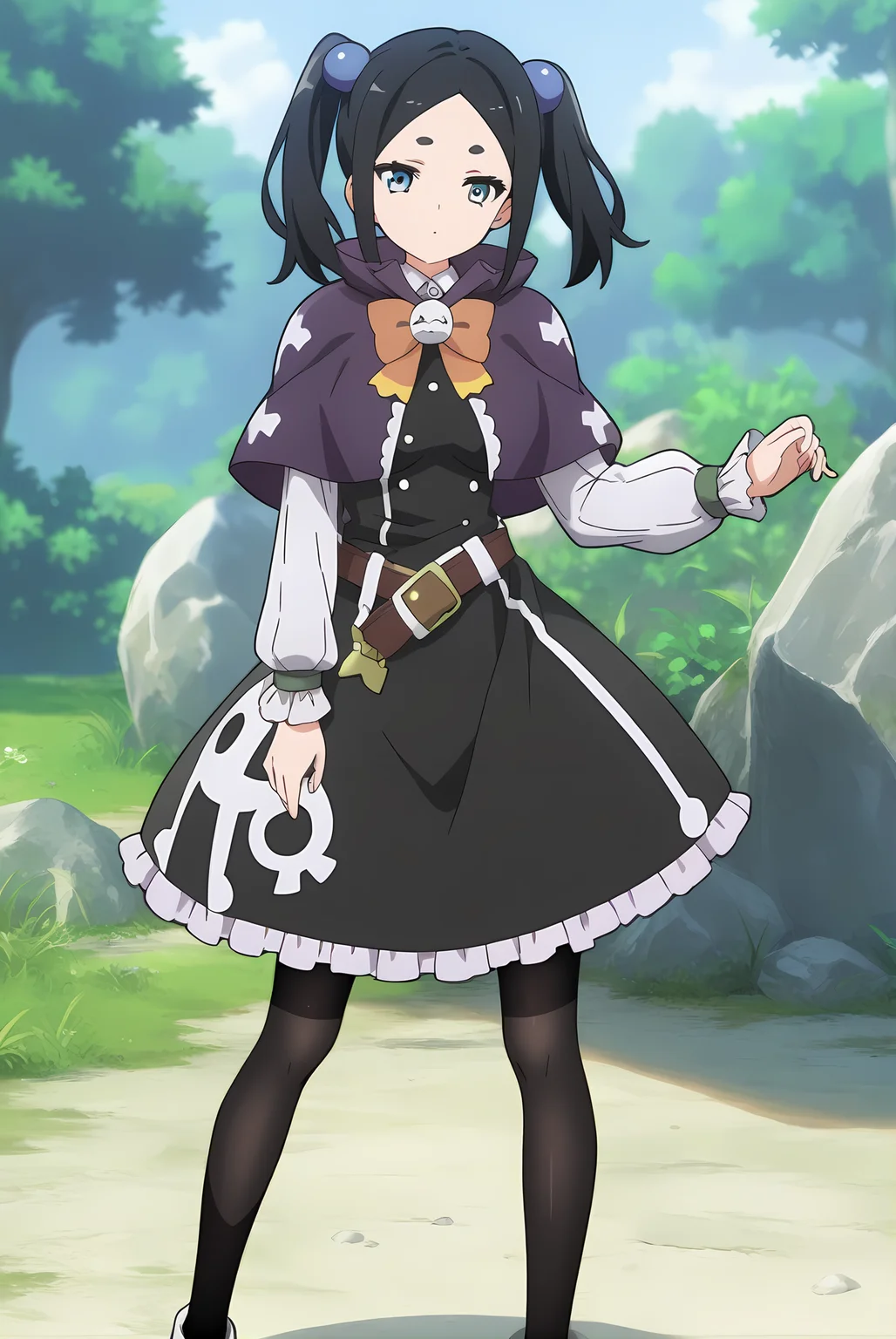 (purple capelet black dress belt black pantyhose:1.30), ig-toxico, black hair, short twintails, blue eyes, blue hair bobbles, medium breasts, 1girl, solo, skinny, score_9, score_8_up, score_8, score_7_up, score_7, score_6_up, score_6, score_5_up, score_5, source_anime, lewd, , (standing:1.20), (3koma:1.20), feet, <lora:ig-toxico-V02:0.70>