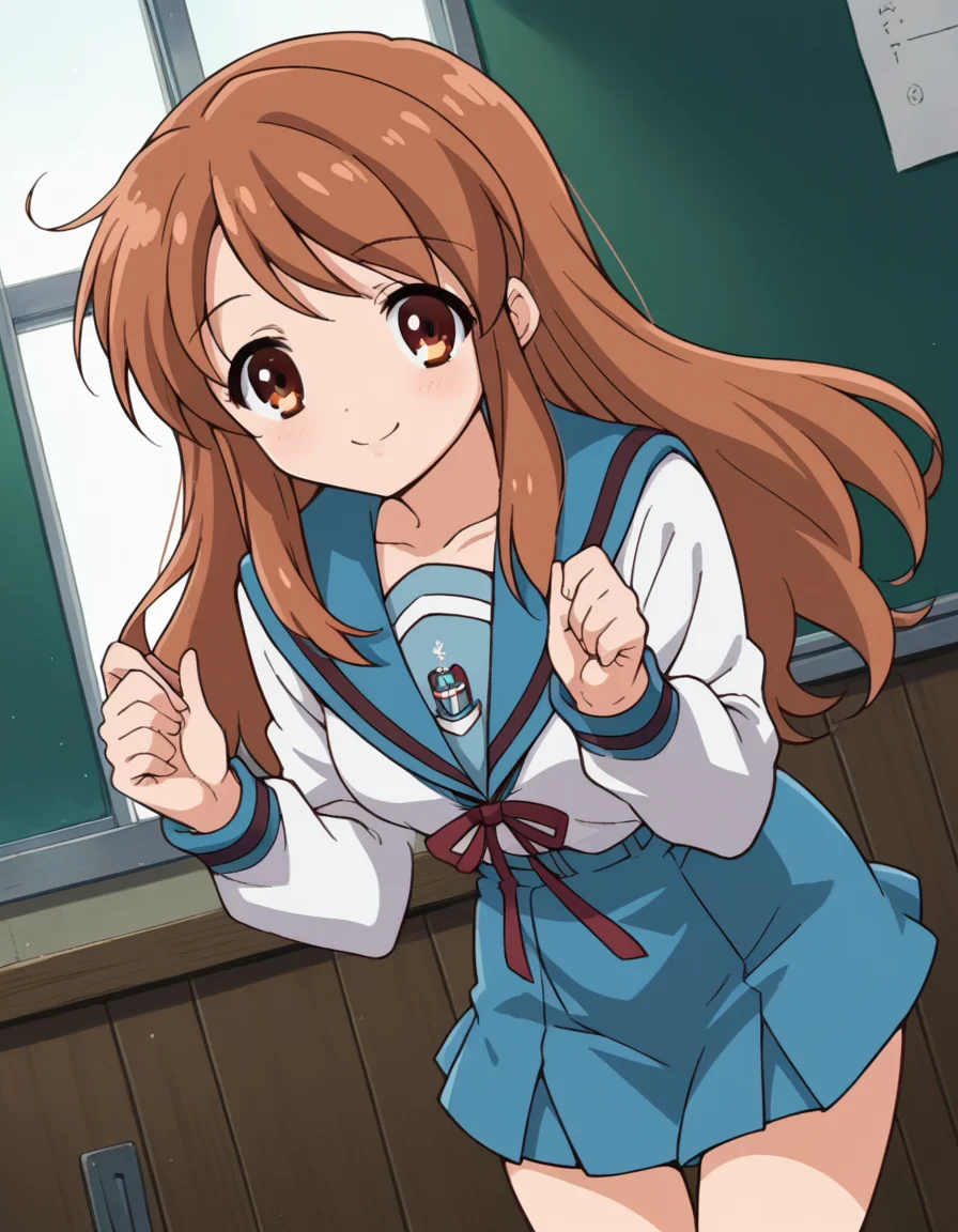 score_9, score_8_up, score_7_up, source_anime,
mikuruasahina,  <lora:mikuru-asahina-s1-ponyxl-lora-nochekaiser:1>,
mikuru asahina, long hair, brown hair, brown eyes,
skirt, long sleeves, school uniform, serafuku, sailor collar, blue skirt, blue sailor collar, winter uniform, kita high school uniform,
indoors, classroom, bent over, smile,
looking at viewer, dutch angle, cowboy shot, solo,