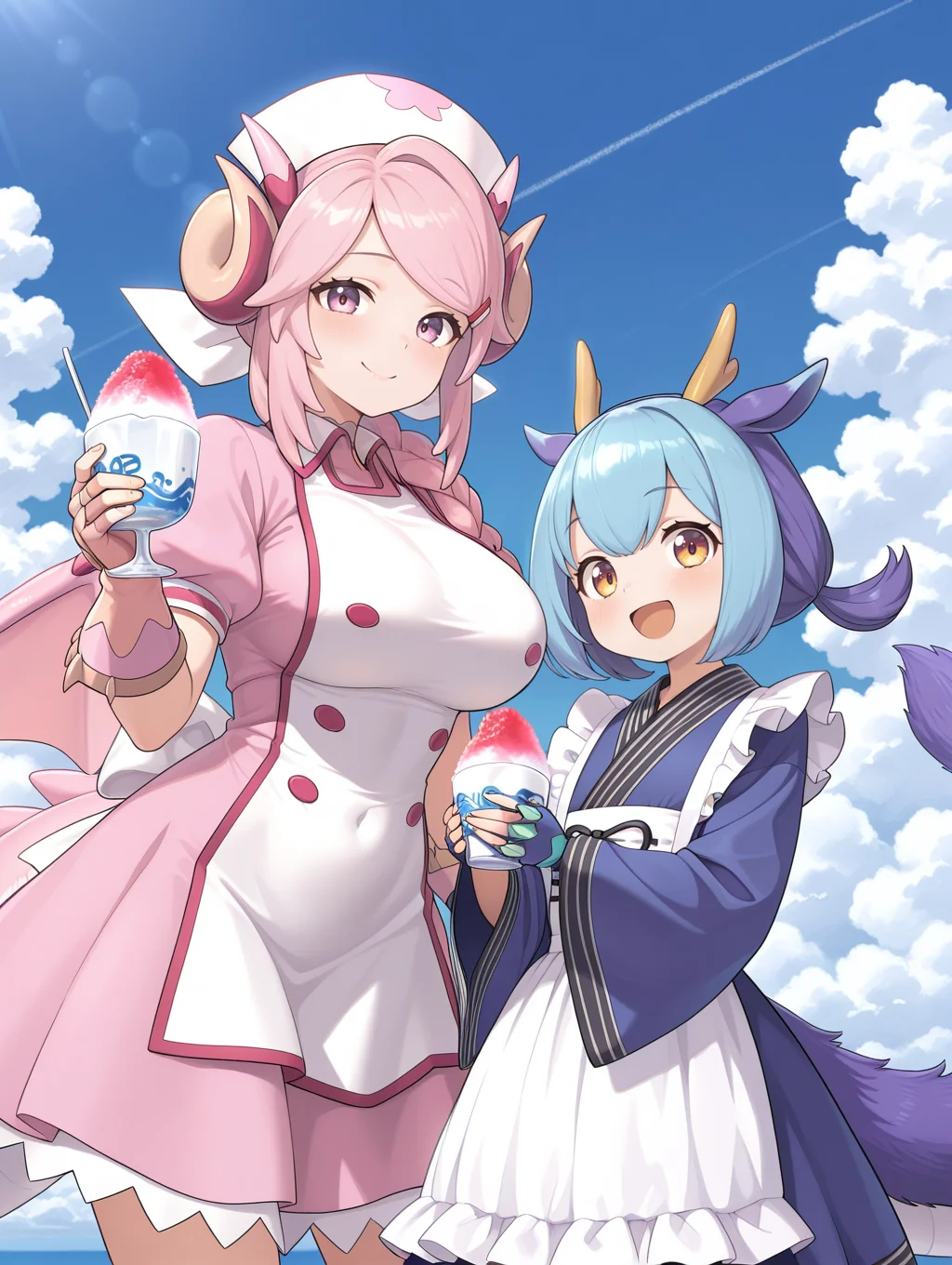 white nurse cap,nurse dragonmaid,pink wings,pink nurse dress,pink fingerless gloves,laundry dragonmaid,blue maid outfit,blue fingerless gloves,holding cup,cup,shaved ice,open mouth,smile,looking at viewer,2girls,sidelocks,sky,large breasts,cloud,day,outdoors,blue sky,closed mouth,:d,
masterpiece,best quality,amazing quality,very aesthetic,absurdres,newest,<lora:Nurse dragonmaid illuXL v1.1:0.74>,