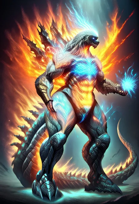 ([masterpiece, best quality, high resolution], score_9, score_8_up, score_7_up, score_6_up, fire, sparks, colorful, electricity, <lora:fflix_inlight:0.75>), (simple background, ulblackholetech, crystaltech, magic fog, excessive energy, scifi, ral-dstgrtptrn, cmth, fflix_inlight, ral-sprnva), (uncensored, (full body), horns, solo, detailed face, 1other, silver eyes, silver eye trail, glowing eyes), (neck tattoo, arm tattoo, leg tattoo, mechanical arms, giant mechanical arms, mecha musume, mechanical tail, muscular body, bulky torso, muscular arms, long arms, long legs, intricate glowing aether tattoos, runemagic), (red theme, anthro, alien, monster, kaiju, horn, spikes, bone, red eyes, no pupils, black body, white body, two tone body, exoskeleton, shin_godzilla, godzilla_earth, glowing veins, glowing body), (fiery patterns, fire elemental spirit, magmatic explosion, smoke, stardust, golden milky way, magic fog, lumina, mystical, multicolored, glowing, magic swirling, glowing magical energy)