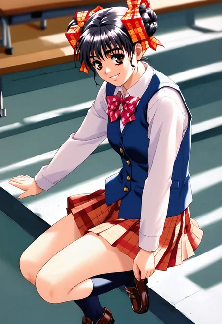 score_9, score_8_up, score_7_up, source_anime, intricate details, BREAK narusawa, 1girl, solo, school uniform, long sleeves, vest, pleated skirt, plaid skirt, socks, loafers, smile, jumping