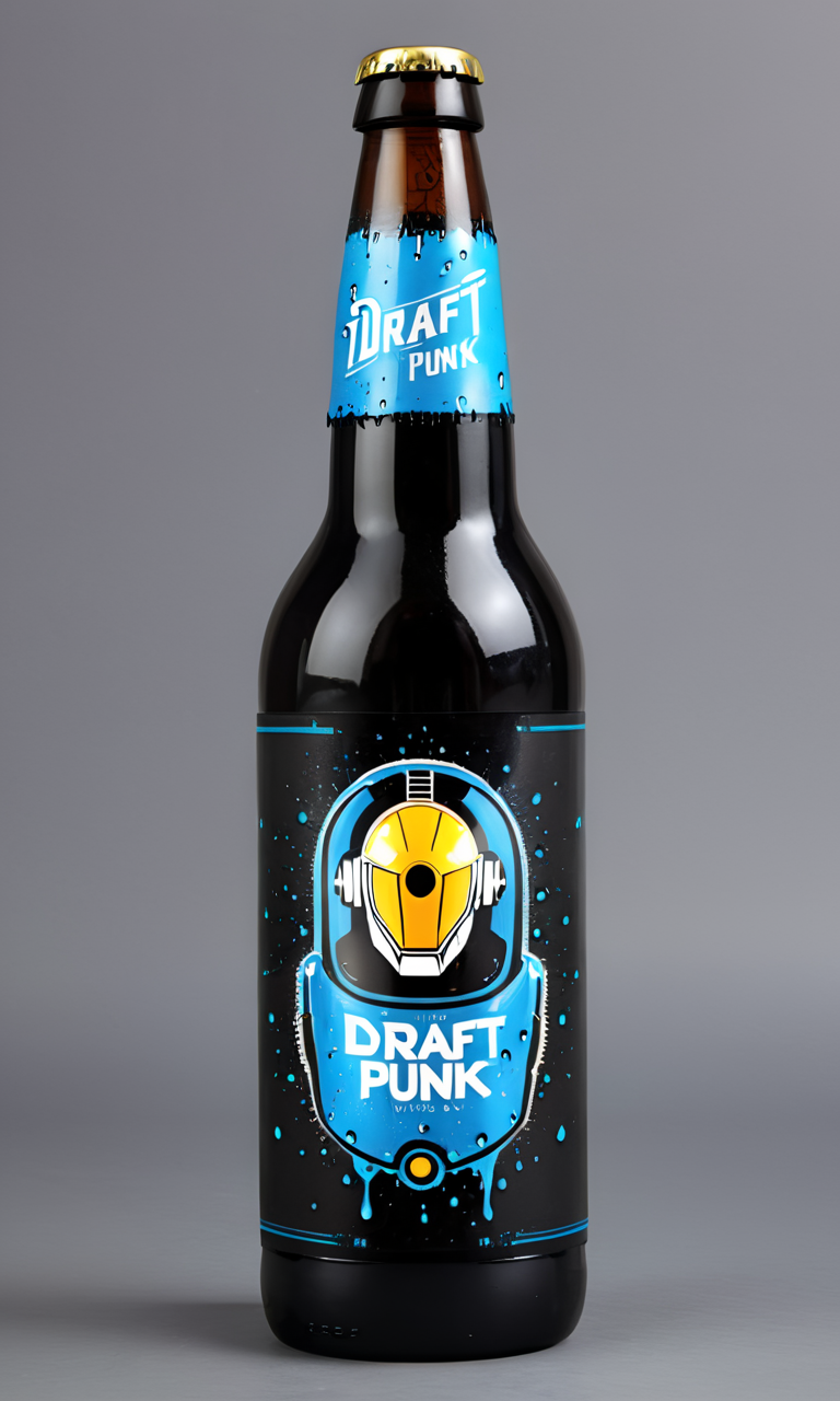 <lora:bevlabsdxl:0.9>,a beer bottle with a robot, text " Draft Punk", bevlabsdxl,  best quality, masterpiece, water droplets, logo, fancy beer, daft punk