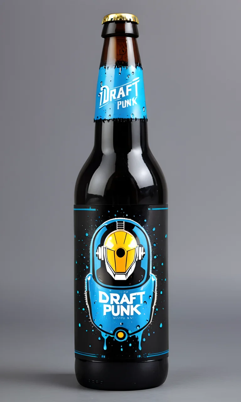 <lora:bevlabsdxl:0.9>,a beer bottle with a robot, text " Draft Punk", bevlabsdxl, best quality, masterpiece, water droplets, logo, fancy beer, daft punk