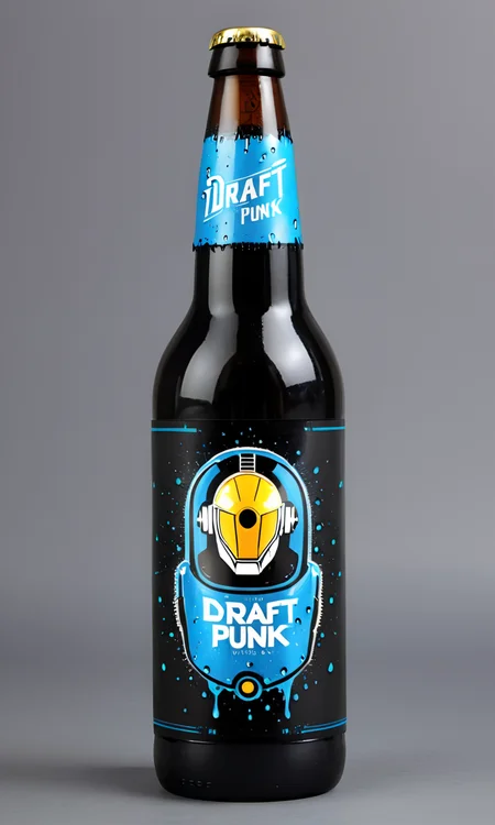<lora:bevlabsdxl:0.9>,a beer bottle with a robot, text " Draft Punk", bevlabsdxl,  best quality, masterpiece, water droplets, logo, fancy beer, daft punk
