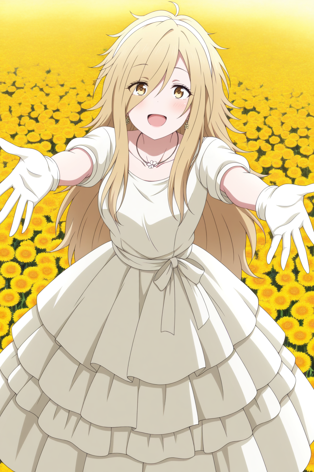 masterpiece, best quality, amazing quality,
<lora:il_contrast_slider_d1 (Ð¦ÐÐÐ¢ ÐÐÐ Ð¢ÐÐÐÐ):-0.8> 
<lora:Fuyune Koujiya:0.8> fuyune_koujiya, 1girl,
solo, gloves, dress, flower, white gloves, jewelry, ahoge, yellow flower, hairband, smile, outstretched arms, open mouth, earrings, looking at viewer, layered dress, collarbone, yellow theme, necklace, white hairband, :d, white dress,