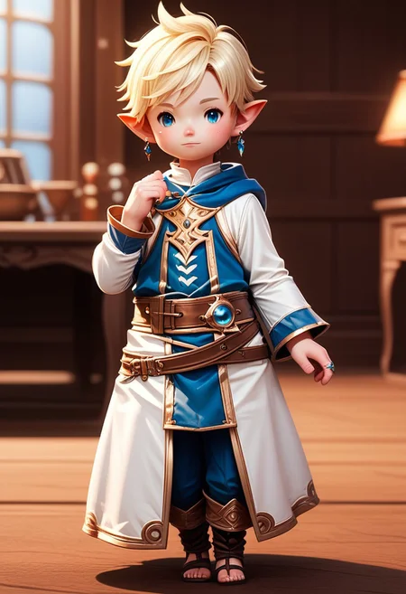 lalatater, monocle, solo, lalafell, pointy ears, jewelry, blue eyes, ring, earrings, belt, standing, short hair, full body, looking at viewer, blonde hair, depth of field, indoors, long sleeves, hand up, 1boy, healer attire, white mage, male focus, chibi, puntable BREAK PonyXLV6_Scores