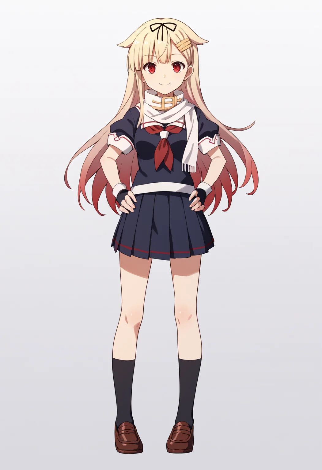 score_9, score_8_up, score_7_up, score_6_up, score_5_up, score_4_up, BREAK, source_anime,
1girl, yuudachikaini, blonde hair, gradient hair, hair flaps, long hair, hair ribbon, hairclip, red eyes,
serafuku, fingerless gloves, neckerchief, pleated skirt, school uniform, scarf,
hands on hips, standing, full body, smile, looking at viewer, solo, simple background, white background <lora:YuudachiXL:1>