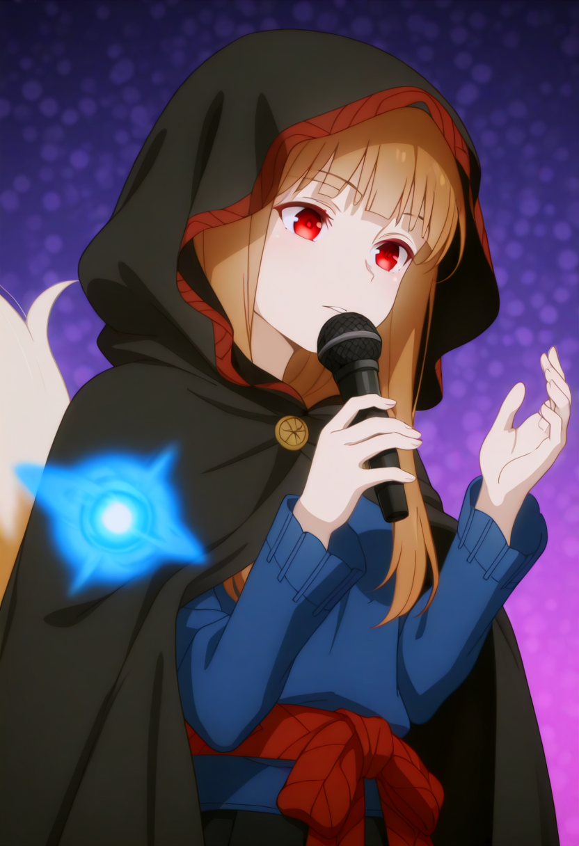 holooutfit1_cloaked, 1girl, long brown hair, bangs, red eyes, fox ears, medium breast, |  hooded cloak, long black cloak, red patterned trim, braided trim, under cloak long black dress, fur trim, red belt, long sleeves, blue shirt, open vest, , beads, fox tail,
 <lora:Holo_IL:1>,
 power elements, microphone, vibrant blue color palette, abstract,abstract background, dreamlike atmosphere, delicate linework, wind-swept hair, energy ,masterpiece,best quality,amazing quality.