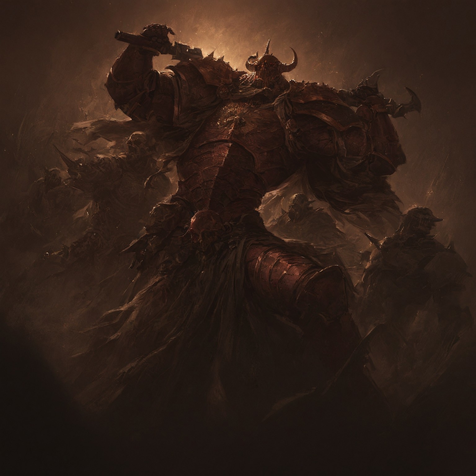  serious, stunning, magnificent, HD, photorealistic, dramatic lighting, intricate details, beautiful patterns, legendary, powerful, cinematic, trending on ArtStation, w4rh4mm3r style oil painting, grimdark, aiai-G&A, warhammer chaos, Chaos Space Marines, flesh and power armour of Chaos Space Marine, warps and twists, dark and inhuman forms, sprouting spines or bony ridges, covered in a layer of scales, fused with their armour, 
 almost part demon engine, warhammer 40k, spikes, helmet with horns, full view of body, from above
<lora:Astartes:0.8> <lora:Bad_Hands_lora:0.8> <lora:Chainsword_-_Warhammer_40000_SDXL:0.4> <lora:add-detail-xl:1> <lora:sinfully_stylish_SDKL:1> <lora:Expressive_H:1>