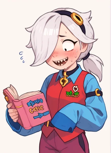 score_9, score_8_up, score_7_up <lora:bscolette:1>bscolette , 1 girl , white hair, , ponytail, collar , red vest , blue shirt , long sleeves, purple pants, hair over one eye, hairband, sleeves past fingers, <lora:PossumMachine:1>posmach nervous smile, blush, sweat, reading, , holding book, open mouth, sharp teeth,
