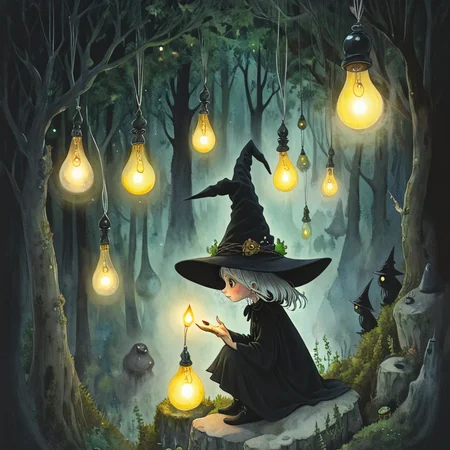 <lora:Dark_GhibliSDXL:1> Studio Ghibli Dark Fairytale, The image is a digital illustration of a witch sitting on a rock in a forest. The witch is wearing a black pointed hat and is holding a wand in her right hand. She is sitting on the ground and appears to be looking up at the sky. The background is filled with trees and bushes and there are several hanging light bulbs hanging from strings above her head. The light bulbs are of different sizes and shapes and they are glowing yellow. The overall mood of the image is magical and whimsical., 1girl, hat, witch hat, flower, nature, solo, tree, witch, forest, lantern