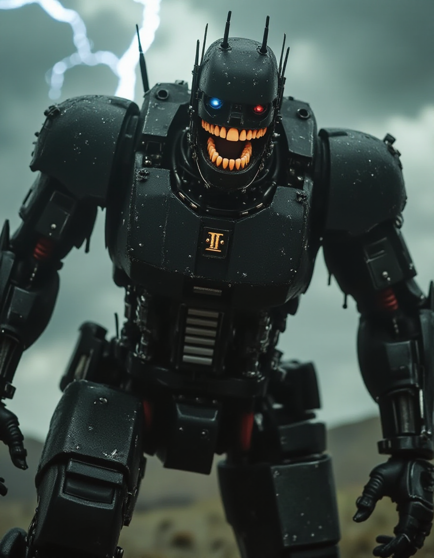 A black and gold mecha battles amidst a raging thunderstorm on a remote plateau. Lightning arcs across the sky, briefly illuminating its battle-damaged armor. As the mecha raises its arm to block an attack, its jaw splits open, exposing ral-rbotth. The teeth glisten with rain, startlingly human in their alignment and texture, their organic nature sharply contrasting with the jagged metallic edges of its war-torn body.
 <lora:ral-rbotth-flux_000003000:1>