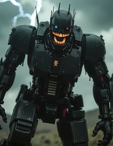 A black and gold mecha battles amidst a raging thunderstorm on a remote plateau. Lightning arcs across the sky, briefly illuminating its battle-damaged armor. As the mecha raises its arm to block an attack, its jaw splits open, exposing ral-rbotth. The teeth glisten with rain, startlingly human in their alignment and texture, their organic nature sharply contrasting with the jagged metallic edges of its war-torn body.
<lora:ral-rbotth-flux_000003000:1>