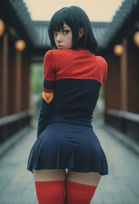 side view, View through the Tighs, Gap View, Butt focus, thick Matoi Ryuuko angry looking back to viewer, Cotton senketsu, Red/Blue bodysuit and microskirt, high socks, Busty, very detailed, deep blacks, Standing in university Campus,
cinematic film still, depth of field, highly detailed, high budget, cinemascope, moody, epic, OverallDetail, gorgeous, 2000s vintage RAW photo, photorealistic, candid camera, color graded cinematic, eye catchlights, atmospheric lighting, skin pores, imperfections, natural, shallow dof