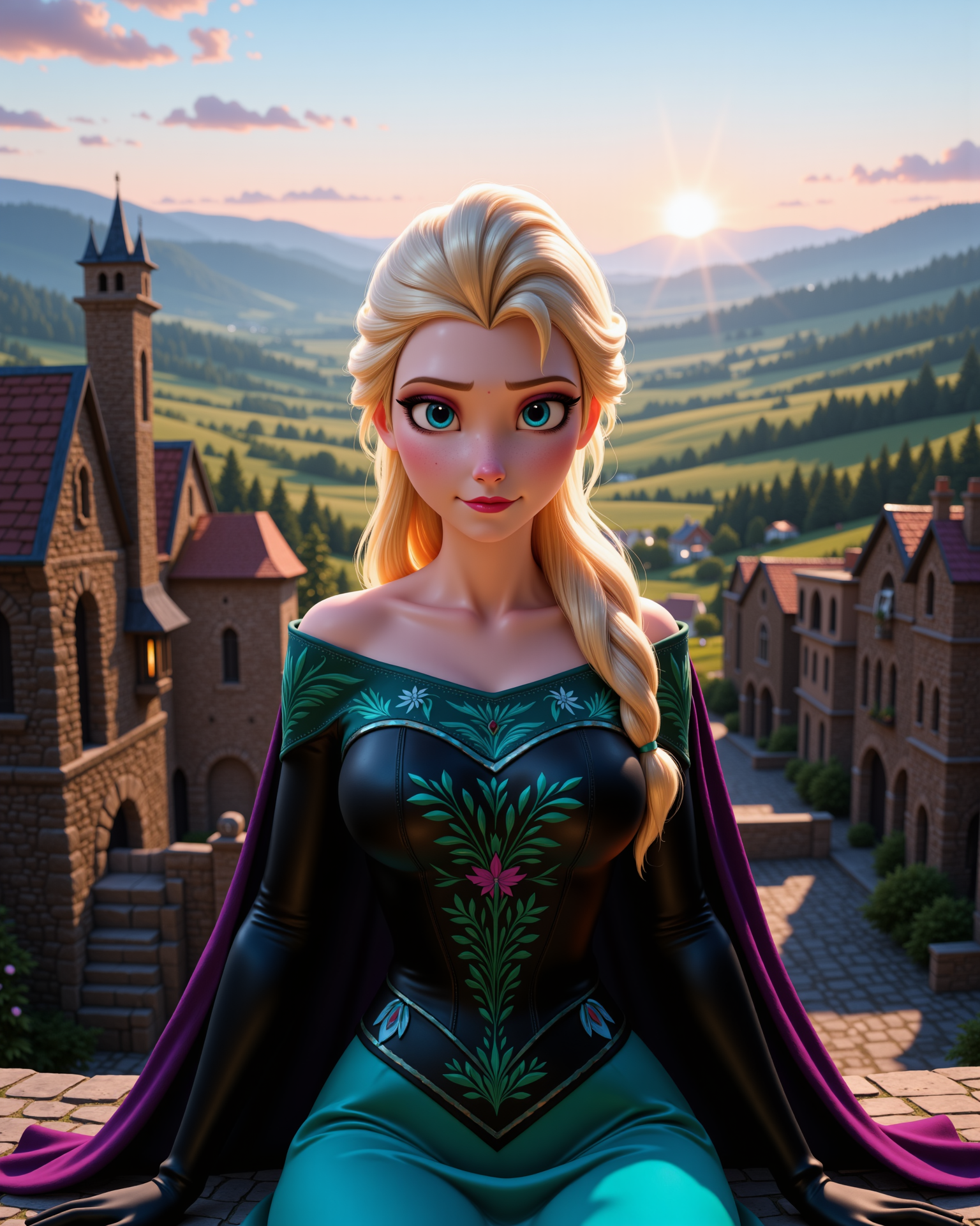 -looking at viewer, outdoors daylight, a 20 year old adult mature woman.
3d CGI Style,  front view photo of.
<lora:Frozen_-_Elsa_v2_000030:1> f-elsa, blue eyes, blonde hairdark teal off-shoulder gown with black bodice, embroidered with green and magenta floral patterns, purple cape, black gloves
A woman sits on a stone wall overlooking a peaceful village, the rolling hills beyond bathed in the soft light of the evening, while the sound of distant laughter rises from below.