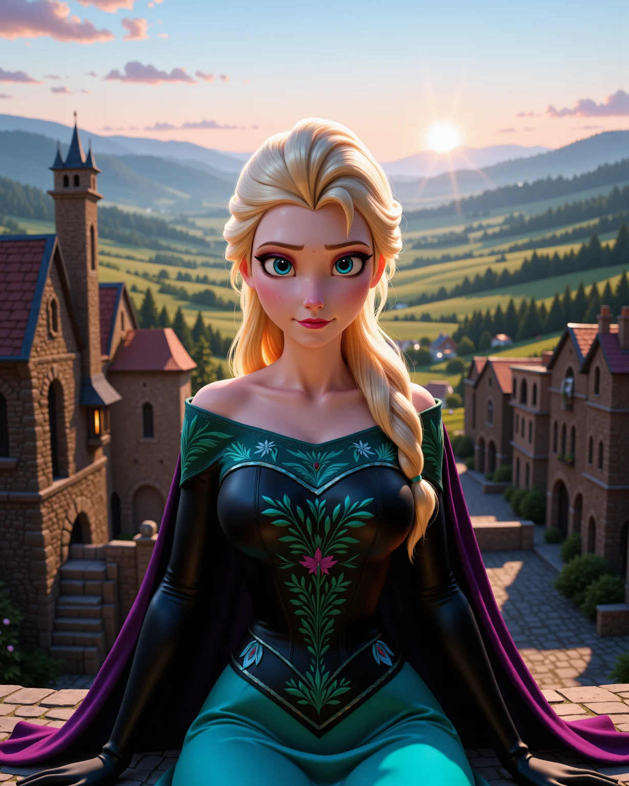 -looking at viewer, outdoors daylight, a 20 year old adult mature woman.
3d CGI Style,  front view photo of.
<lora:Frozen_-_Elsa_v2_000030:1> f-elsa, blue eyes, blonde hairdark teal off-shoulder gown with black bodice, embroidered with green and magenta floral patterns, purple cape, black gloves
A woman sits on a stone wall overlooking a peaceful village, the rolling hills beyond bathed in the soft light of the evening, while the sound of distant laughter rises from below.