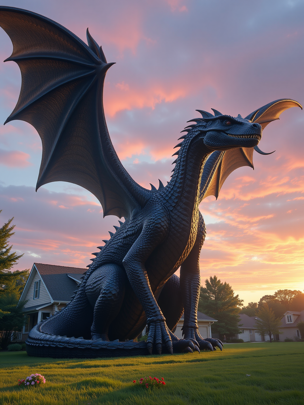 Enormous dragon perched in the front yard, gleaming black scales catching the sunlight, wings furled tight against its back, sharp talons sinking into the earth. A suburban house stands small in the background, flowers along the garden trampled under its weight. Sky tinged with pink as the sun sets, a mix of awe and fear in the air, surreal and majestic scene.
