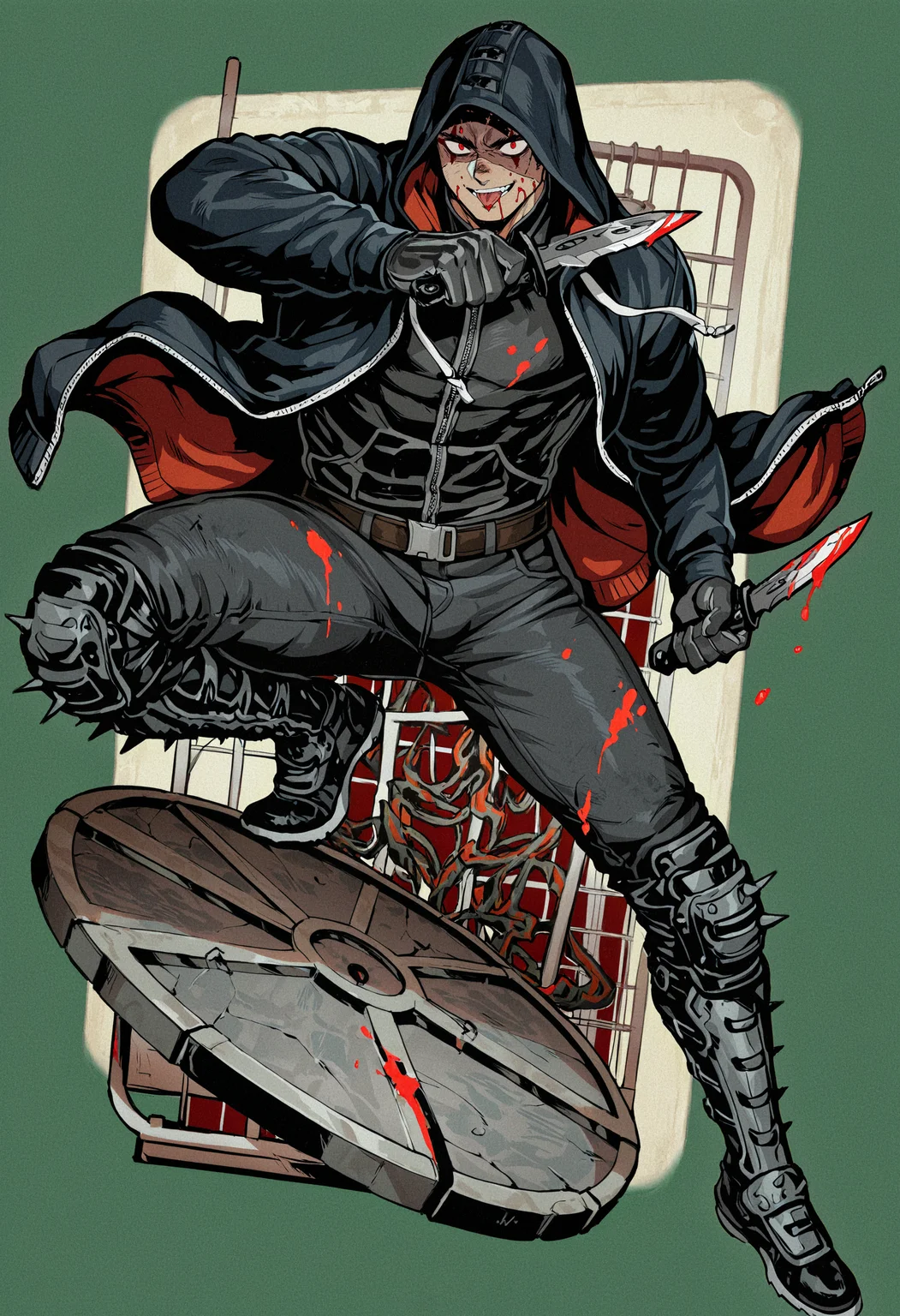masterpiece, best quality, newest, absurdres, highres, very awa, 1boy, male, male focus, bara, kai \(dorohedoro\), cross facial mark, eye tattoo, black hoodie, black pants, blood, bloody weapon, blood splatter, dual wielding, facial mark, fighting stance, full body, holding, holding weapon, hood, hoodie, knife, muscle, open clothes, open hoodie, pants, solo, spiked boots, thick thighs, thighs, tight, tight pants, weapon, eye tattoo, muscular male, hood up, bara, muscular, knee pads, alternate costume, smile, dagger, holding knife, belt, reverse grip, evil smile, tongue, holding dagger, blood on weapon, bodysuit, red eyes, pectorals, black bodysuit, tongue out, cloak, blood on clothes, blood on face, transparent background, spikes, bulge, boots, gloves