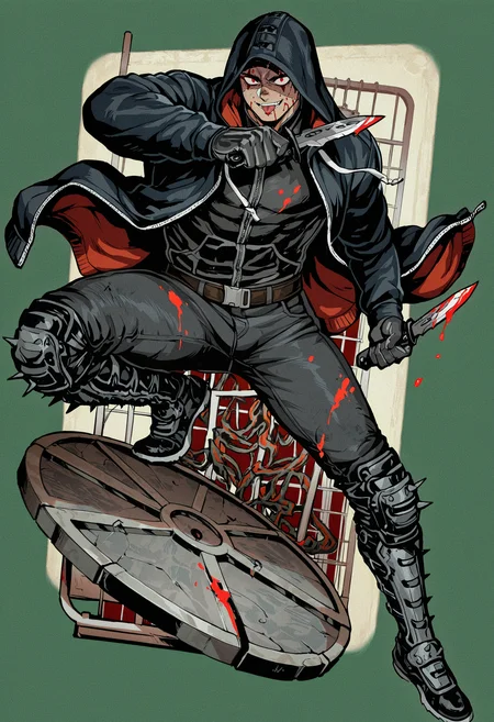 masterpiece, best quality, newest, absurdres, highres, very awa, 1boy, male, male focus, bara, kai \(dorohedoro\), cross facial mark, eye tattoo, black hoodie, black pants, blood, bloody weapon, blood splatter, dual wielding, facial mark, fighting stance, full body, holding, holding weapon, hood, hoodie, knife, muscle, open clothes, open hoodie, pants, solo, spiked boots, thick thighs, thighs, tight, tight pants, weapon, eye tattoo, muscular male, hood up, bara, muscular, knee pads, alternate costume, smile, dagger, holding knife, belt, reverse grip, evil smile, tongue, holding dagger, blood on weapon, bodysuit, red eyes, pectorals, black bodysuit, tongue out, cloak, blood on clothes, blood on face, transparent background, spikes, bulge, boots, gloves