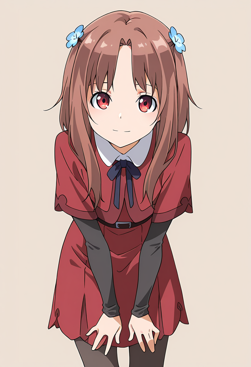 masterpiece,best quality,amazing quality, 1girl, c-hozuki, medium hair, brown hair, red eyes, hair flower, red dress, white collared shirt, brown belt, blue neck ribbon, layered sleeves, short over long sleeves, black pantyhose, leaning forward, looking at viewer, simple background, beige background, light smile, <lora:Hozuki_Ferrari_ILLUS_c:1>