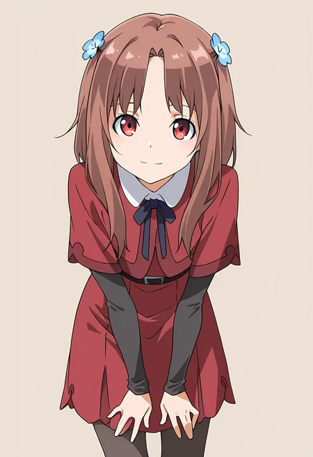 masterpiece,best quality,amazing quality, 1girl, c-hozuki, medium hair, brown hair, red eyes, hair flower, red dress, white collared shirt, brown belt, blue neck ribbon, layered sleeves, short over long sleeves, black pantyhose, leaning forward, looking at viewer, simple background, beige background, light smile, <lora:Hozuki_Ferrari_ILLUS_c:1>