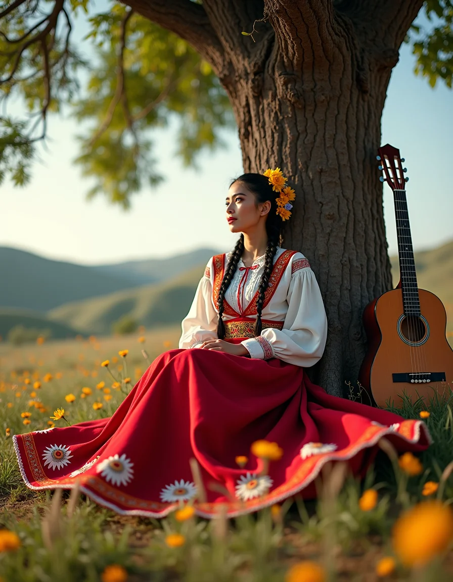 ch1n4p, traditional, Mexican folklore, full body shot, embroidery, braided hair, hair laces, ultra quality, ultra detailed, ultra realistic, ultra lighting, cinematic, a serene countryside with a woman in a China Poblana ensemble sitting gracefully under a tree. Her skirt flows around her, and her braided hair is interwoven with fresh wildflowers. Behind her, rolling hills meet the sky, while a lone guitar leans against the tree trunk beside her.