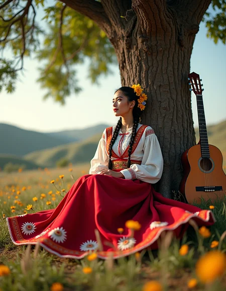 ch1n4p, traditional, Mexican folklore, full body shot, embroidery, braided hair, hair laces, ultra quality, ultra detailed, ultra realistic, ultra lighting,  cinematic, a serene countryside with a woman in a China Poblana ensemble sitting gracefully under a tree. Her skirt flows around her, and her braided hair is interwoven with fresh wildflowers. Behind her, rolling hills meet the sky, while a lone guitar leans against the tree trunk beside her.