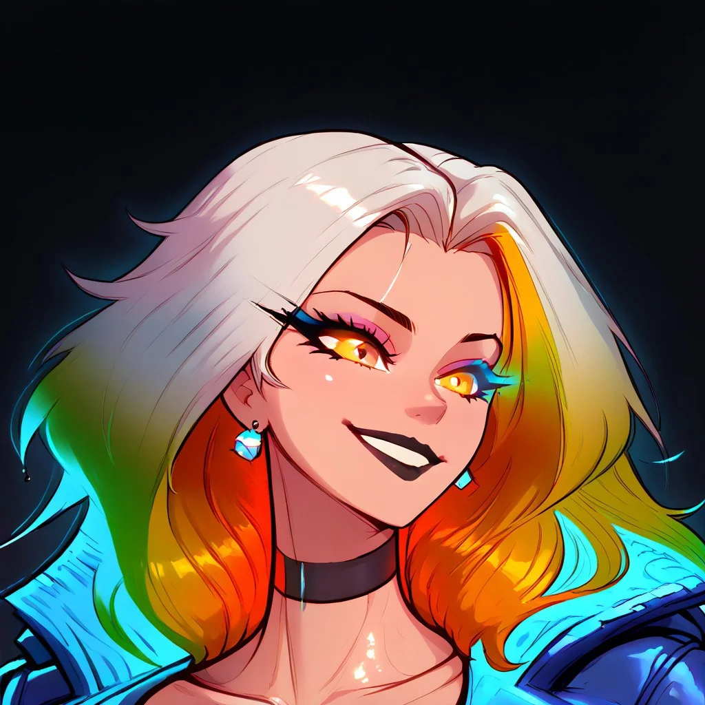 4k, neon, glowing, vibrant, shiny, shiny skin, score_9, score_8_up, ((close up, upper body focus, portrait)), volumetric lighting, vibrant colors, highly detailed, female, solo, fluffy long hair, ((Black sunglasses)),
Smiling,
((Glowing gradient hair:1.5)), multicolored hair, short hair, (yellow hair:1.5), (white hair:1.5))), earrings, choker, black lipstick, makeup, muscular, muscules toned, sweat, oiled up, oily skin, wet hair, wet, tattoos, leather blue jacket, t-shirt,
Black background, dark, no light,