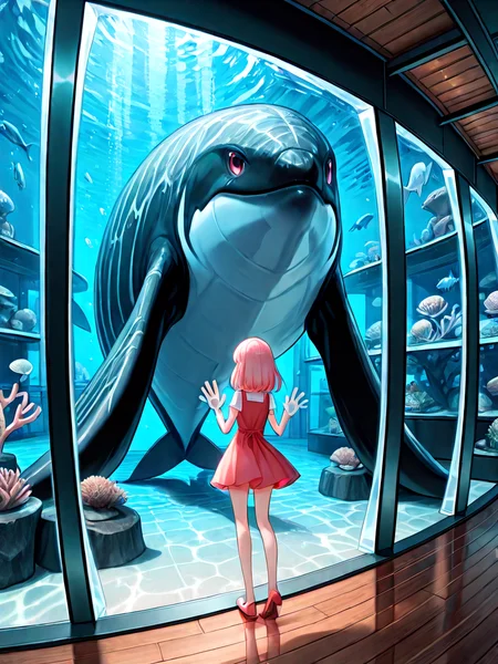 absurdres, explicit, aquarium tunnel, aquarium, plesiosauria, gigantic animal, underwater, hands on glass, 1girl, short dress, window, reflection, hallway, wooden floor, upper body, <lora:girllikedolphinunderwater_ilxl:0.8>