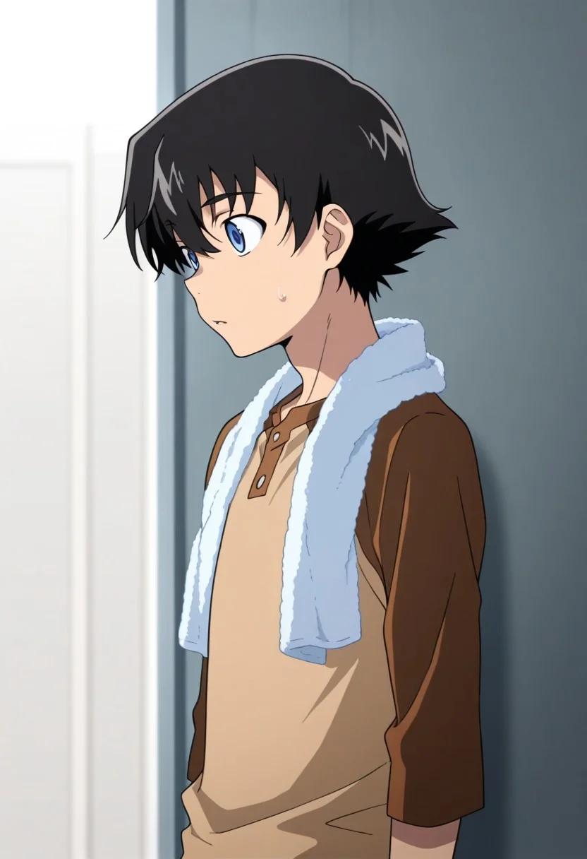 masterpiece,best quality,amazing quality, source_anime,
YukiteruAmano, 1boy, male focus, solo, blue eyes, black hair, brown shirt, raglan sleeves, towel around neck,