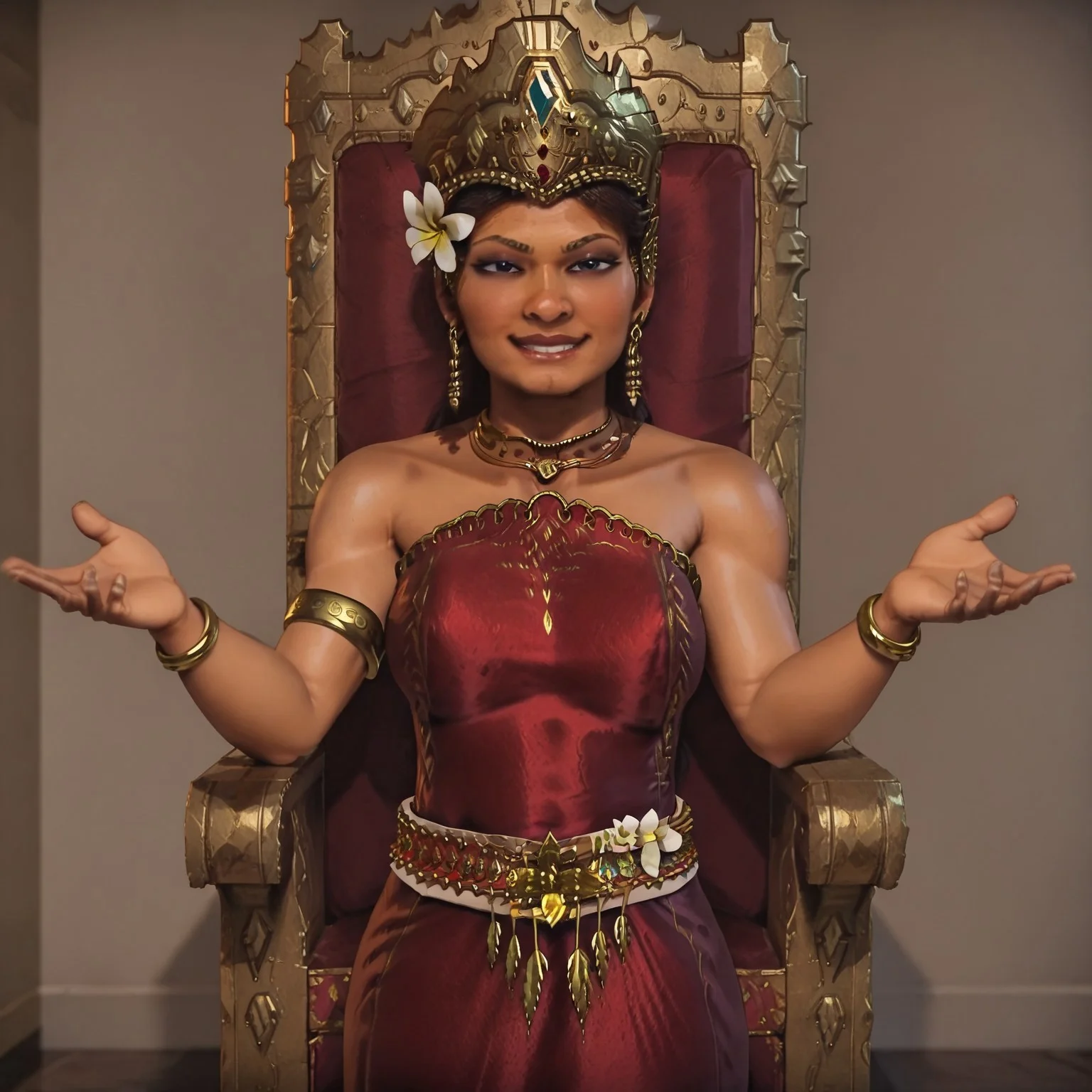 1girl, solo, Gitarja, gold crown, gold jewelry, red dress, sleeveless dress, dark-skinned woman, white flower, gold belt, regal pose in throne room, smug, satisfied, standing in front of throne