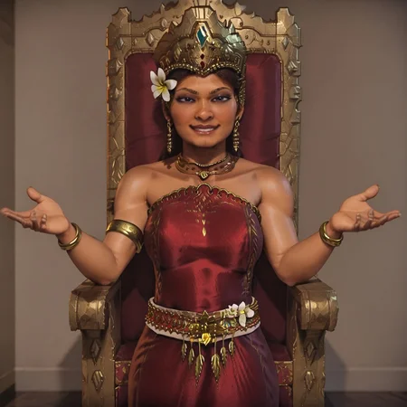 1girl, solo, Gitarja, gold crown, gold jewelry, red dress, sleeveless dress, dark-skinned woman, white flower, gold belt, regal pose in throne room, smug, satisfied, standing in front of throne