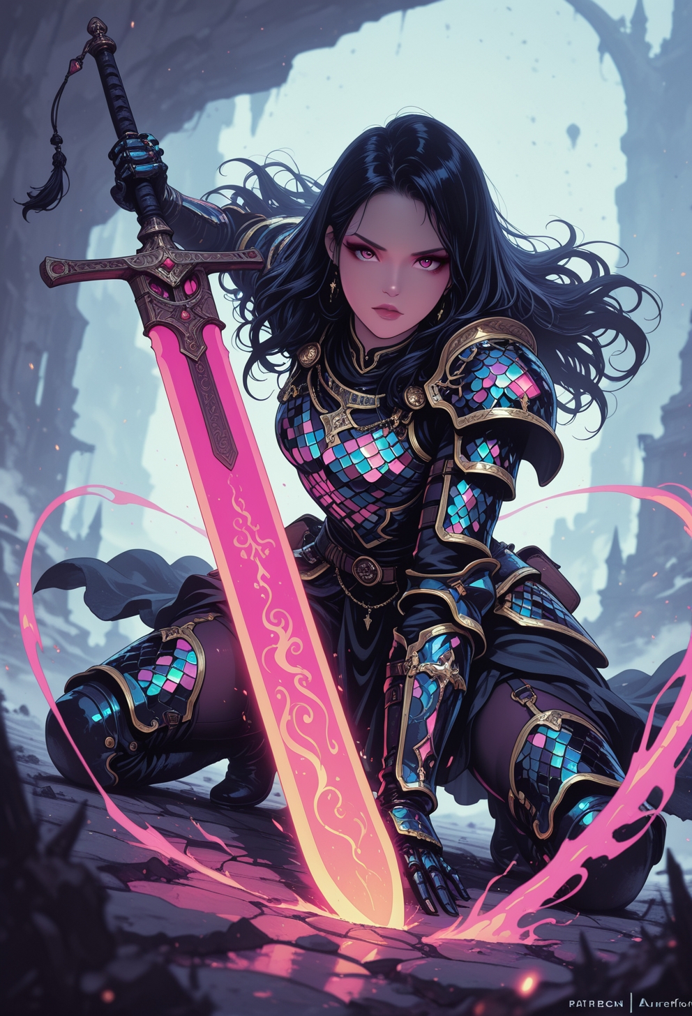<lora:ck-nc-cyberpunk-IL-000011:0.35>,  masterpiece, best quality, good quality, very aesthetic, absurdres, newest, 8K, depth of field, focused subject, dynamic angle, action shot, cholographic shimmer intricate armor, whimsical ghostly woman hkbeauty looking at the viewer while aiming with a otherworldly glowing sword, manga, fantasy, inksketch, auraflow, 
in the style of cknc, in the style of ck-rw
<lora:MoriiMee_Gothic_Niji_Style_Illustrious_r1:0.5>
<lora:ck-neon-retrowave-IL:0.55>
<lora:ck-shadow-circuit-IL:0.65>