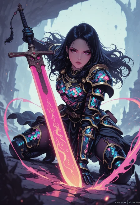 <lora:ck-nc-cyberpunk-IL-000011:0.35>,  masterpiece, best quality, good quality, very aesthetic, absurdres, newest, 8K, depth of field, focused subject, dynamic angle, action shot, cholographic shimmer intricate armor, whimsical ghostly woman hkbeauty looking at the viewer while aiming with a otherworldly glowing sword, manga, fantasy, inksketch, auraflow, 
in the style of cknc, in the style of ck-rw
<lora:MoriiMee_Gothic_Niji_Style_Illustrious_r1:0.5>
<lora:ck-neon-retrowave-IL:0.55>
<lora:ck-shadow-circuit-IL:0.65>