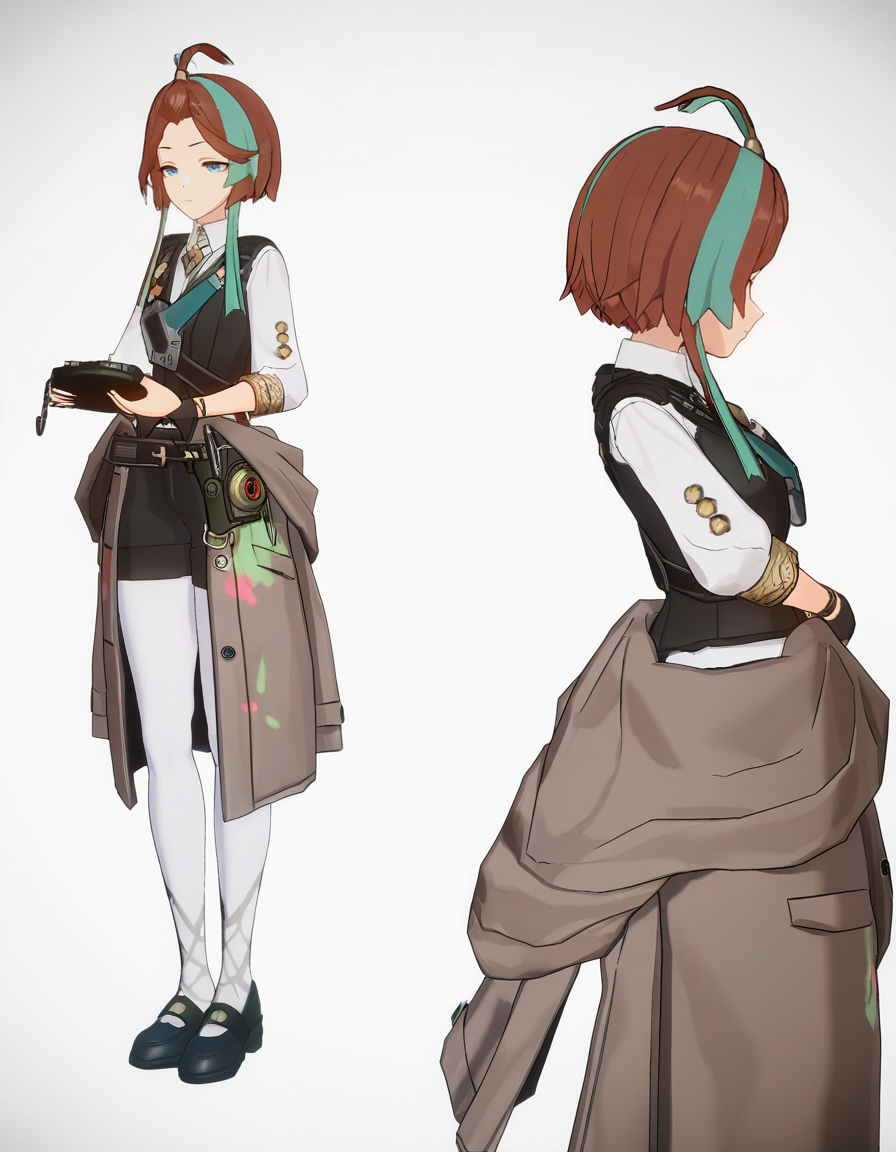 <lora:andi_noob:0.9>,3dandi,1girl,solo,multicolored hair,brown hair,shoes,simple background,two-tone hair,holding,ahoge,white background,black footwear,mary janes,streaked hair,shirt,standing,aqua hair,white shirt,from side,vest,white pantyhose,closed mouth,brown coat,
masterpiece,best quality,very aesthetic,absurdres,