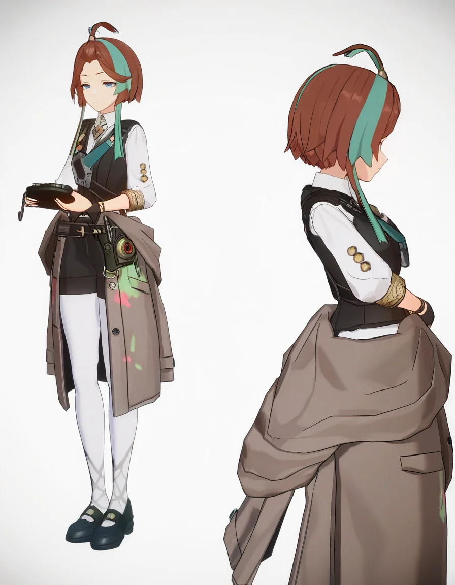 <lora:andi_noob:0.9>,3dandi,1girl,solo,multicolored hair,brown hair,shoes,simple background,two-tone hair,holding,ahoge,white background,black footwear,mary janes,streaked hair,shirt,standing,aqua hair,white shirt,from side,vest,white pantyhose,closed mouth,brown coat,
masterpiece,best quality,very aesthetic,absurdres,