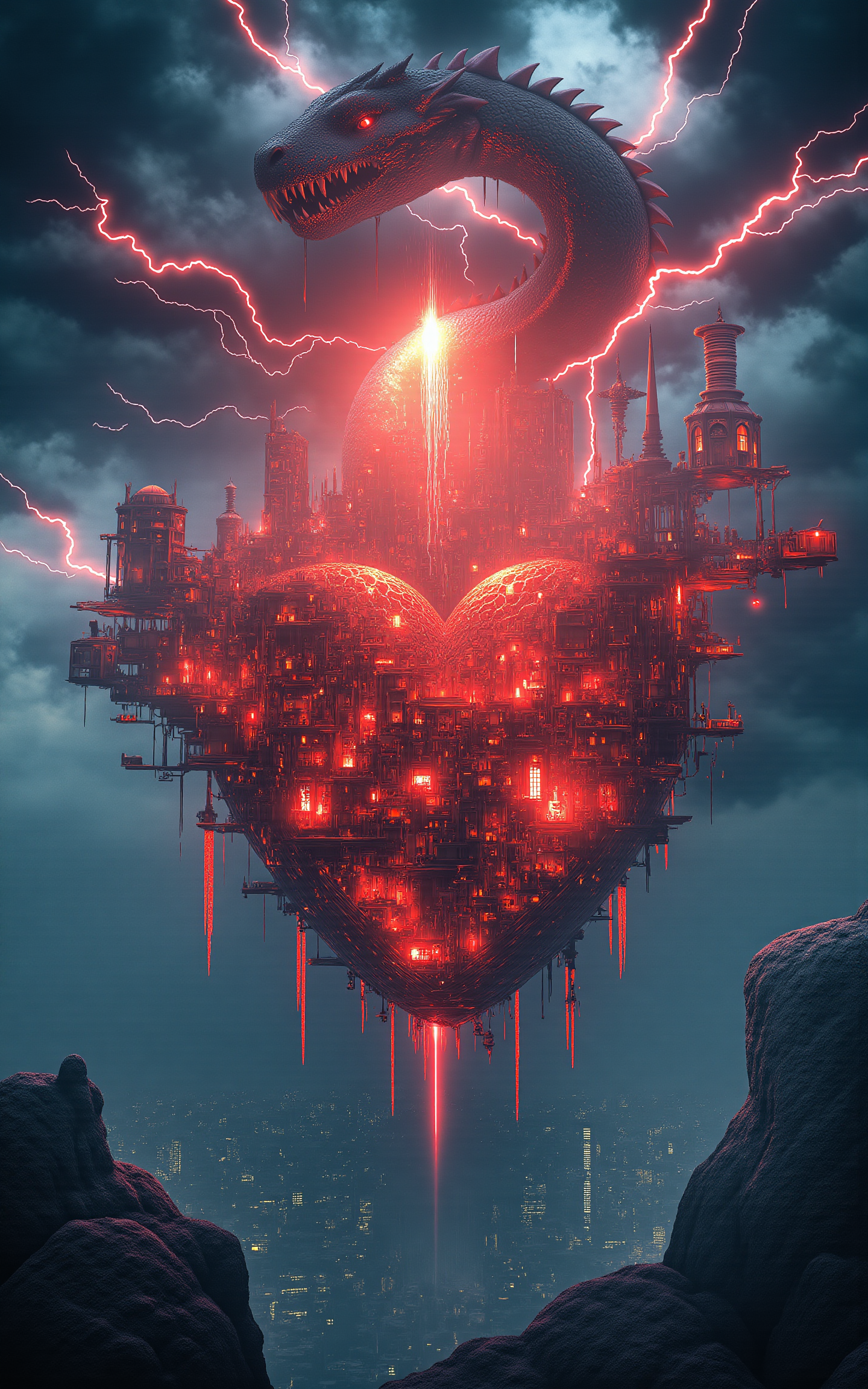 The floating Heart City of Ishtar drifts in the sky,built around a massive levitating mechanical heart that radiates warm red energy through a network of gears,pipes,and steam-powered flight rails. Above the city,a mythic thunder dragon coils through lightning-filled clouds,its body pulsing with electricity. As it approaches,the heart begins to flash erratically,illuminating the city in surges of red and white. (vivid style, architectural perspective, wide composition, electric storm atmosphere),
<lora:aidmaMJ6.1_v0.5_3:0.6>,aidmaMJ6.1,<lora:detailifier_sd3.5:1>,detailifier,