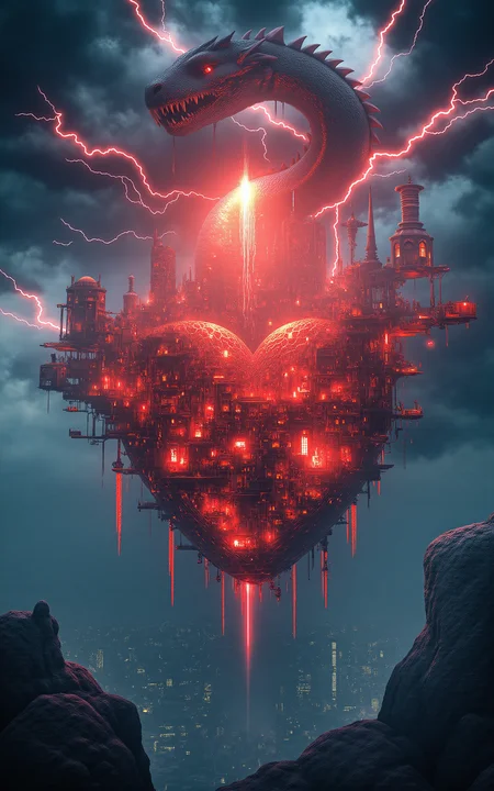 The floating Heart City of Ishtar drifts in the sky,built around a massive levitating mechanical heart that radiates warm red energy through a network of gears,pipes,and steam-powered flight rails. Above the city,a mythic thunder dragon coils through lightning-filled clouds,its body pulsing with electricity. As it approaches,the heart begins to flash erratically,illuminating the city in surges of red and white. (vivid style, architectural perspective, wide composition, electric storm atmosphere),
<lora:aidmaMJ6.1_v0.5_3:0.6>,aidmaMJ6.1,<lora:detailifier_sd3.5:1>,detailifier,
