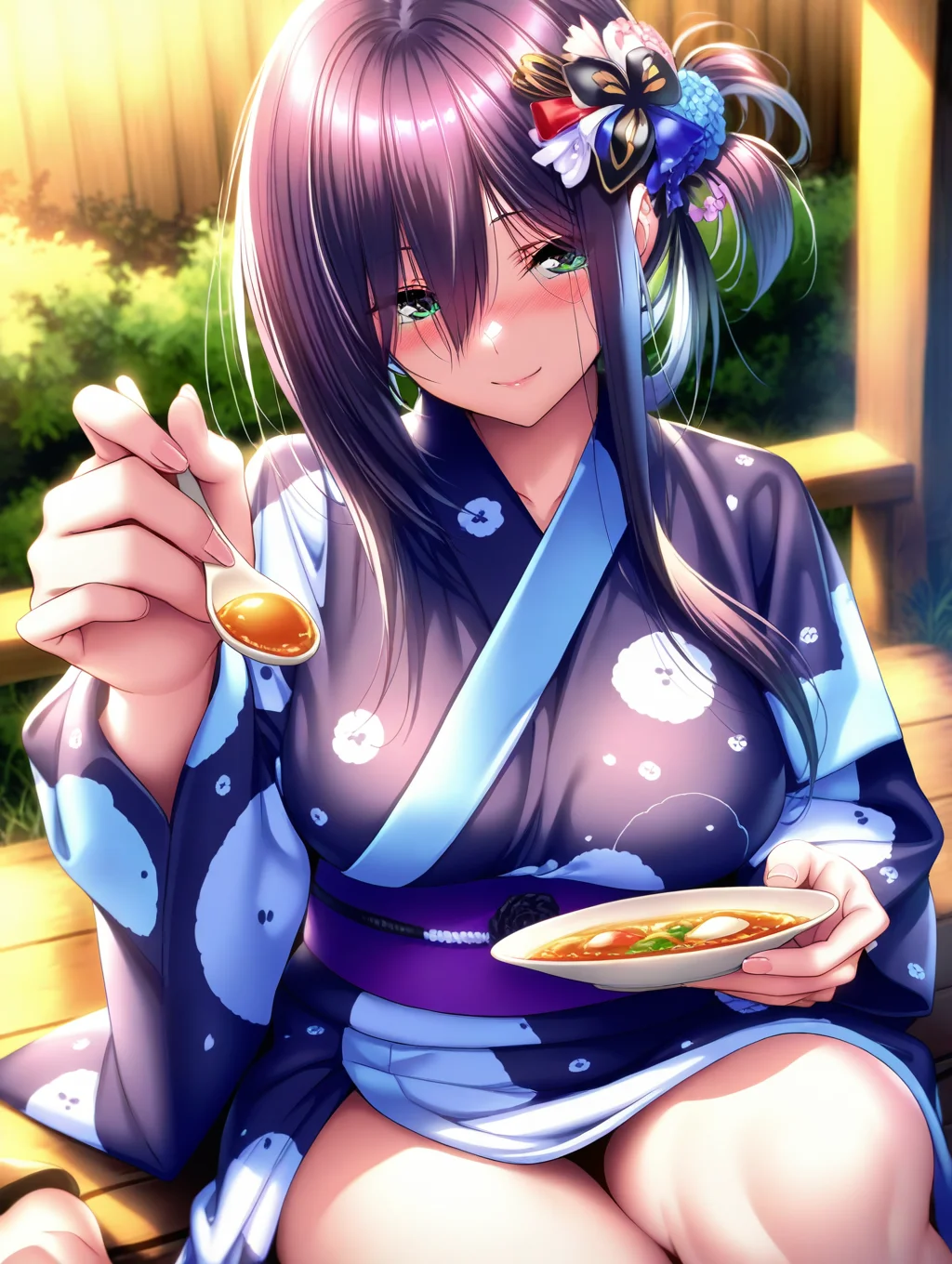 (masterpiece,best quality,ultra_detailed,highres,absurdres:1.2,amazing quality,very aesthetic),<lora:Himiyama Rei ilxl_v1-000012:0.8>,1girl,breasts,green eyes,solo,long hair,large breasts,purple hair,blush,hair between eyes,rei\(Amakano 2\),sitting,looking at viewer,smile,hair ornament,yukata,hair flower,spoon,obi,outdoors, (masterpiece,best quality,ultra_detailed,highres,absurdres:1.2,amazing quality,very aesthetic),Smooth Negative,