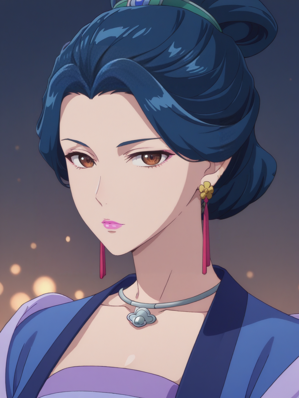 1girl,portrait, 
ywxing,blue hair,updo,hair bun,brown eyes,pink lips,hair ornament,earrings,necklace,blue hanfu, purple shawl, green sash,
looking at viewer,,<lora:ywxingv6_noob:1>
