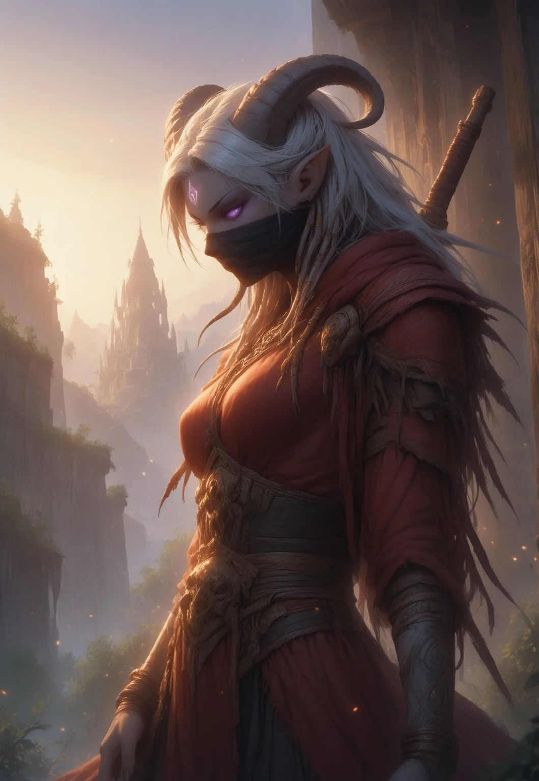 (absurdres, best quality, masterpiece:1.4), score_9, score_8_up, score_7_up, score_6_up, detailed, detailed body, detailed face, world of warcraft, fantasy,
fFaceDetail, SkinDetail, ((female, draenei, tall, athletic arms, pale white skin, smooth skin, long white hair, purple eyes, no pupil, no sclera, long white tail), (h0rns, ram horns, white horns),
(long fingers, purple fingernails, purple nail polish)),
(long loose red dress, simple armlet, black facemask, red silk scarf), GunMonk, shotgun, holding shotgun,
full body, side view
outdoor, evening, mountains, sunset