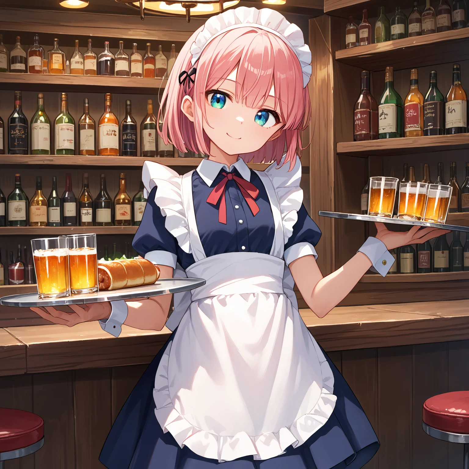 score_9, score_8_up, score_7_up, score_6_up, score_5_up, score_4_up, BREAK source_anime, look at viewer, rating_safe, 1girl, solo, bar, masterpiece, best quality, high detailed skin, chiyoda momo, blue eyes, pink hair, short hair, maid, maid headdress, maid apron, pantyhose, holding tray, smiling,