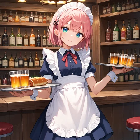 score_9, score_8_up, score_7_up, score_6_up, score_5_up, score_4_up, BREAK source_anime, look at viewer, rating_safe, 1girl, solo, bar, masterpiece, best quality, high detailed skin, chiyoda momo, blue eyes, pink hair, short hair, maid, maid headdress, maid apron, pantyhose, holding tray, smiling,