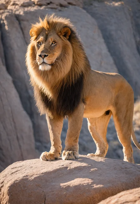 (Majestic lion:1.3) standing proudly on a rocky outcrop, mane flowing in the wind, coarse fur, rocks made of craggy sandstone, sharp focus, looking into the distance with a powerful gaze, high resolution image