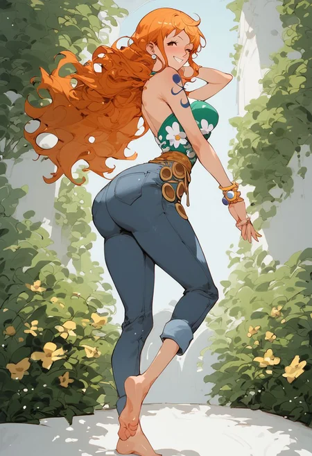 ,score_9, score_8_up, score_7_up, Expressiveh, (masterpiece), nami, low waist jeans,(blush, joyful, smile), skinny, post timeskip nami, orange short hair, anime, one piece style, from the back, looking at camera, one feet up, one piece anatomy, huge ass, thight clothes, shiny skin, sexy, solo, beautiful face, perfect face, outside, standing up, oily skin, simple background, very detailled face, very detailled ass, fullbody, solo