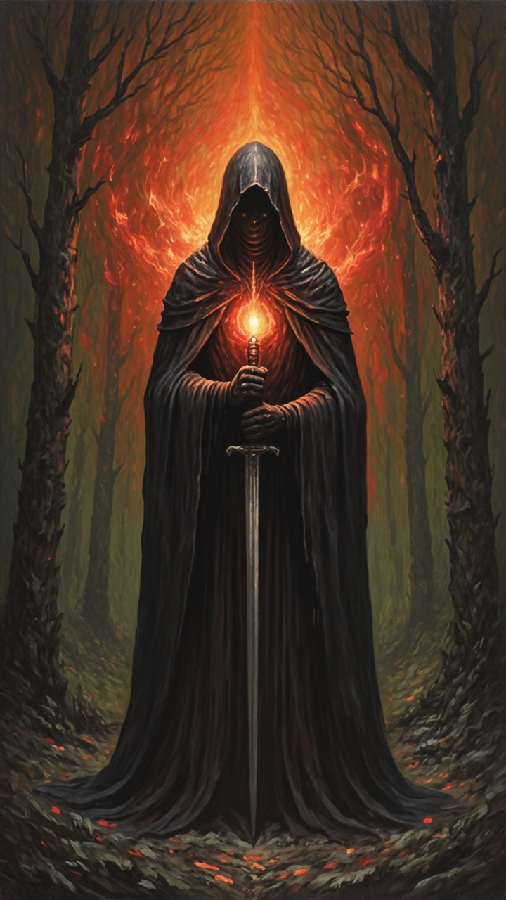 a mysterious figure standing in the center of the frame, positioned directly in front of the viewer, the figure is dressed in a dark hooded cloak, with the hood covering their face and the cloak flowing down their back, they are holding a large, glowing object in their hands, which appears to be a staff, the object is emitting a bright, orange light that emanates from behind the figure, creating a dramatic effect, the background is a dark, swirling pattern with a fiery orange hue, adding to the sense of power and mystery, the overall atmosphere is dark and foreboding, drawing the viewer's attention to the figure's enigmatic presence, A detailed oil painting of a dark figure in a hooded cloak, holding a sword, standing in a dark forest. The figure's head is obscured by a vibrant orange glow, while the background is a dark green, with a hint of orange and red, creating a sense of mystery and mystery.