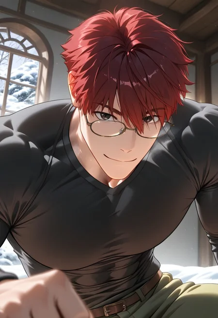 //General, masterpiece,best quality,amazing quality, source_anime, intricately detailed illustration, very aesthetic, absurdres, newest, anime coloring, subsurface scattering, , natural lighting, Expressiveh, detailed skin, shiny skin,aesthetics light, depth of field, vibrant colors,
//Fashion, black shirt, long sleeves,
//Background, castle interior, indoors, snow background outside the window,
//Others, 1boy, male focus, solo male, manly body,
//Action, looking at viewer, light smile, close up, upper body,
BREAK,
yudas, red hair, glasses, black eyes, tight black shirt, green pants, muscular