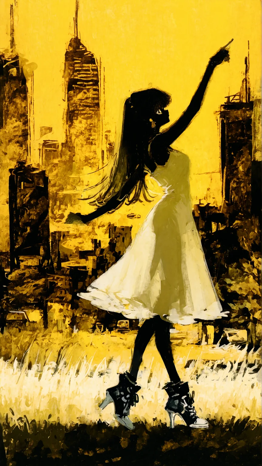 masterpiece, newest,absurdres,incredibly absurdres, best quality, amazing quality, very aesthetic, retro artstyle, abstract, yellow theme,
1girl, speedlines, dancing, green grass, cityscape, white sundress, see-through silhouette, high heel sneakers,
<lora:XXX477:0.6> xxx667_illu, <lora:ka_marukogedago:0.6> k4_illu, <lora:fuyumur4s4ki_style:1> fuyumur4s4ki_illu