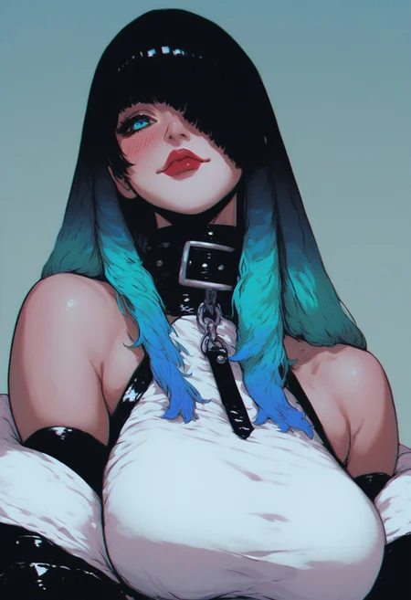 score_9,score_8_up,score_7_up,score_6_up, d3t41l3dh4nddr4w, detailedhanddraw, rating_safe, 1girl, solo, long hair, breasts, looking at viewer, blush, smile, bangs, blue eyes, large breasts, black hair, closed dress, gloves, dress, bare shoulders, closed mouth, blue hair, upper body, multicolored hair, elbow gloves, hair over one eye, collar, lips, gradient hair, red lips,