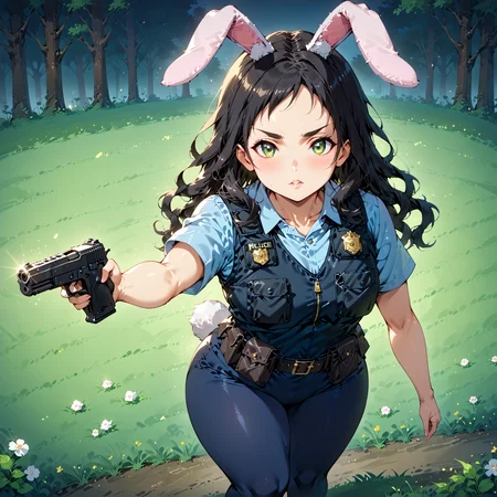 score_9, score_8_up, score_7_up, score_6_up, source_anime, ah1, 1girl, (curly hair), long hair, (black hair), mature female, (parted hair:1.7), (round face), (no_bangs), (no_fringe:1.6), looking at viewer, (thick eyebrows:1.3), (curvy), round-chin, (greenish hazel eyes), caucasian, (downturned eyes), (forehead:1.4), <lora:ETO_OCPonyXL:0.5> eto_oc, skindentation, plump, thick thighs, wide hips, busty, voluptuous, kinky curls, lips, bad-hands-5, (in A moonlit meadow with soft grass and twinkling stars), ((sultry gaze, slightly parted lips, seductive look, looking at viewer expression)), <lora:venus body PonyXL:0.8>, <lora:xl_more_art-full_v1:0.4>, <lora:shinyskin2:0.3> glistening skin, <lora:aesthetic_anime_v1s:0.4>, <lora:Expressive_H:0.4> Expressiveh, <lora:hairdetailpxl:0.4> hairdetailpxl, <lora:EpicF4nta5yXL:0.4>, <lora:detailxl:0.4> detailxl, <lora:Fant5yP0ny:0.4>, best quality, amazing quality, best aesthetic, absurdres, <lora:expressive eyes:0.4> expressive eyes, (Eye-level angle view medium Close shot (focus on chest)), <lora:eyedetailpxl:0.4> eyedetailpxl, <lora:A004-judy-v30:0.8> 1gjudy, police uniform, bulletproof vest, blue leggings, ((rabbit ears, rabbit tail)), <lora:YusufDikecGunPose_pdxl_Incrs_v1:0.8> holding weapon, holding gun, handgun, hand in pocket, aiming, full body